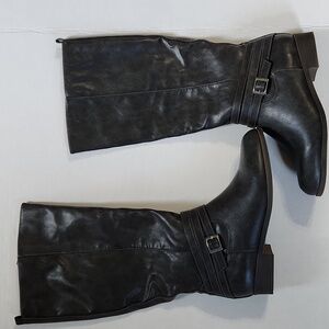 Dark Gray ManMade Leather Tall Flat Sole Zipper Boots-7.5